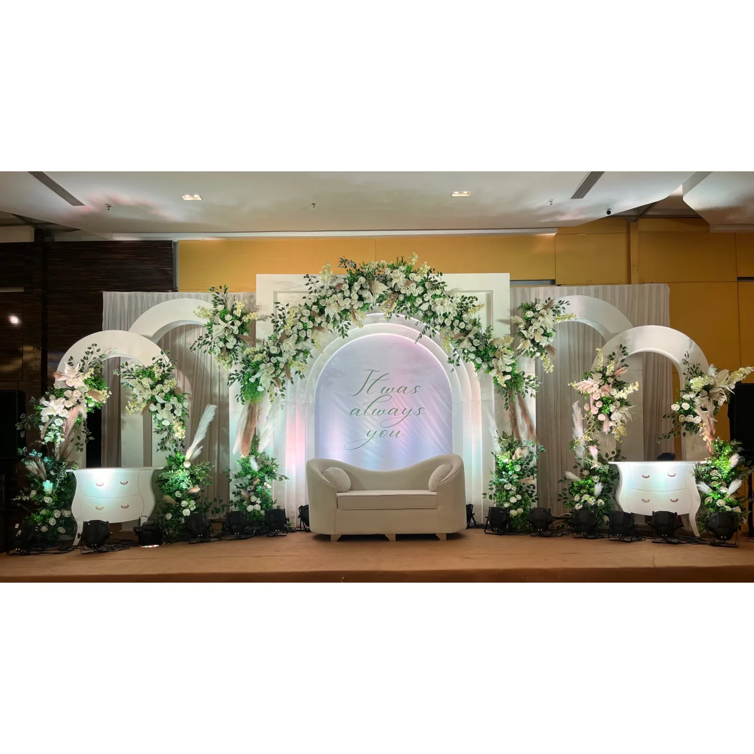 White and green wedding stage